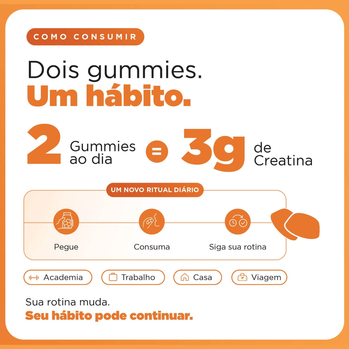 Como consumir: 2 gummies ao dia = 3g de creatina