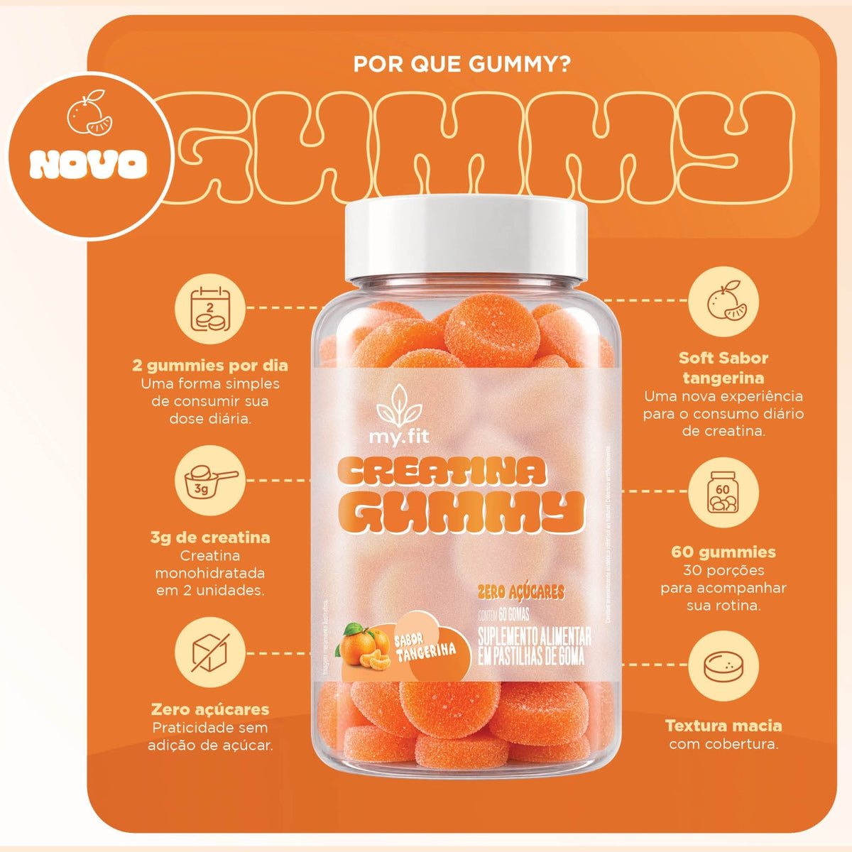 Por que gummy: 2 por dia, 3g de creatina, zero açúcares, sabor tangerina, textura macia